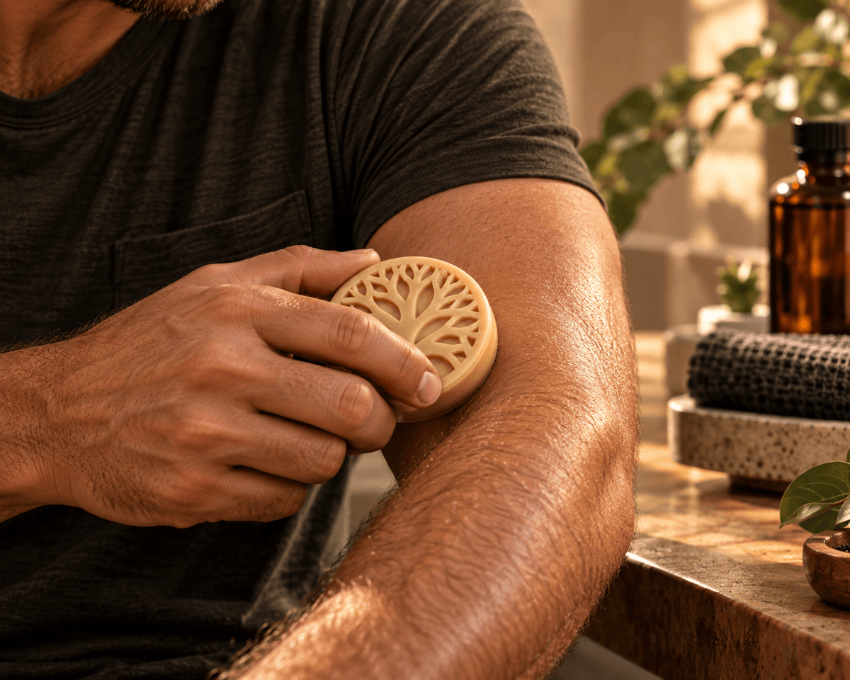  Man applying a Tree of Life solid lotion bar directly to his arm to moisturize dry skin.
