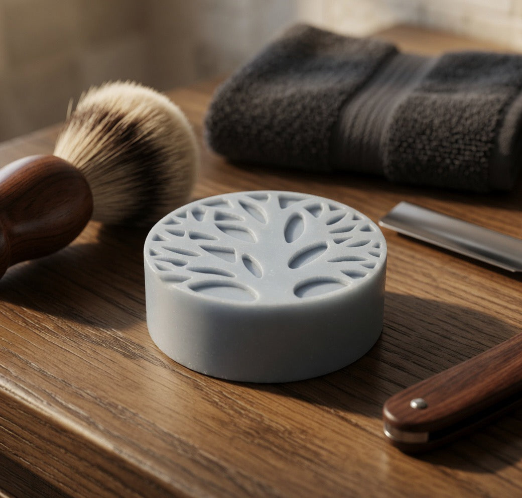 A Tea-licious Skincare light-blue lotion stone featuring a tree-of-life carving, sitting on a wooden surface alongside a classic shaving brush, a straight razor, and a folded dark grey towel.