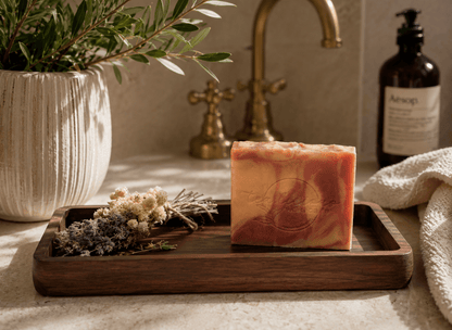 Handcrafted Moroccan Cashmere cold process soap displayed on a wooden tray in a luxury bathroom with warm natural light, brass fixtures, botanical accents, and dried flowers.