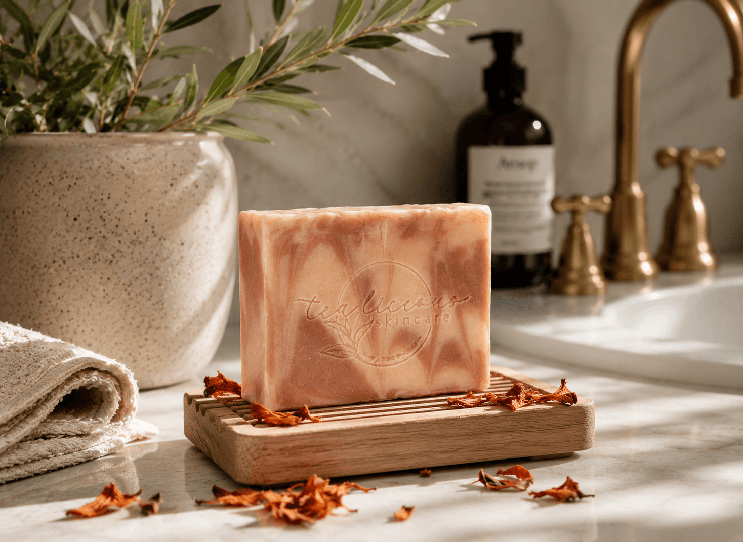 Handcrafted Moroccan Cashmere cold process soap resting on a wooden soap dish in a luxury bathroom with warm natural light, brass fixtures, dried botanicals, and a spa-inspired setting.