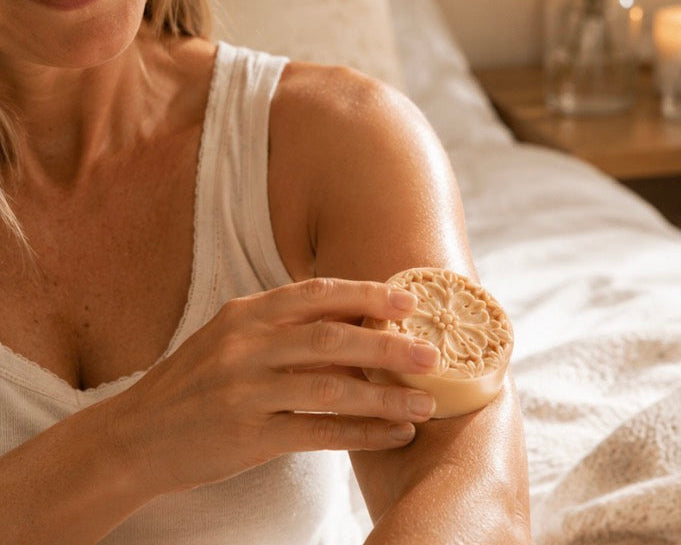 Woman applying a Moroccan Cashmere Waterless Solid Lotion Bar to her upper arm in a softly lit bedroom, showing the floral-embossed bar in use.