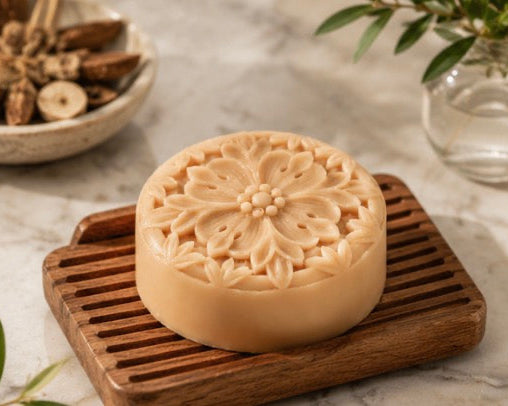 Moroccan Cashmere Waterless Solid Lotion Bar with a floral-embossed design displayed on a wooden tray over a marble surface in warm natural light.