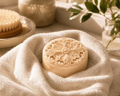 Moroccan Cashmere Waterless Solid Lotion Bar resting on a soft cream towel in warm natural light, showcasing its smooth floral-embossed design.
