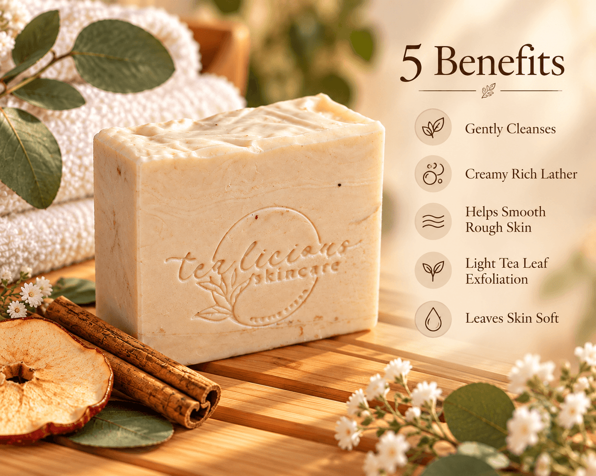 Tea-Licious Mulled Orange Cider Tea Soap Bar with apple, cinnamon and eucalyptus, highlighting five benefits: gentle cleansing, creamy lather, smoothing rough skin, light tea leaf exfoliation and softer-feeling skin.