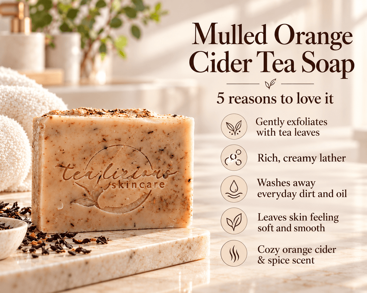Tea-licious Mulled Orange Cider Tea Soap on a stone tray beside five benefits, including gentle exfoliation with tea leaves and rich, creamy lather.