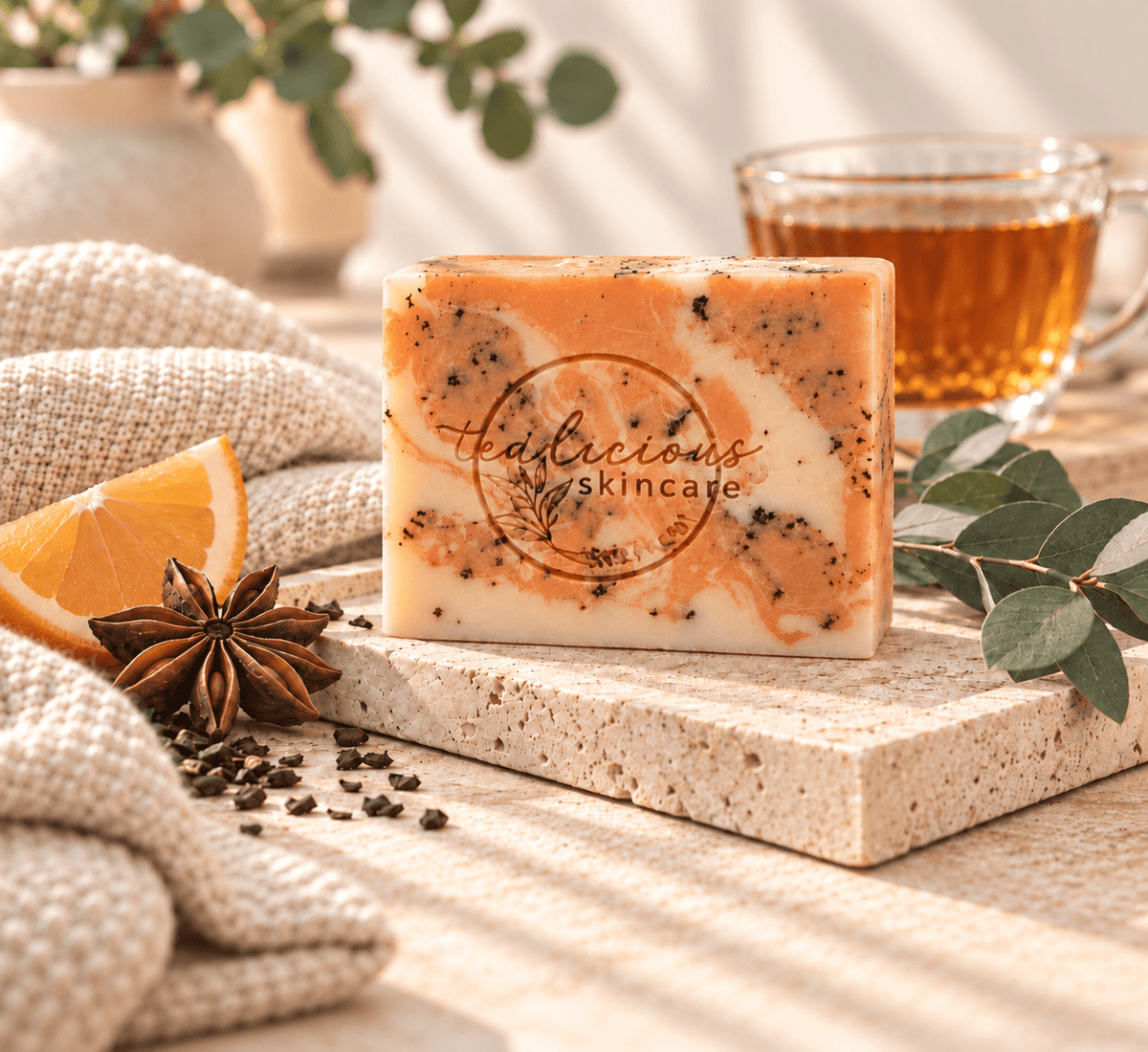 Tea-Licious Mulled Orange Cider Tea Soap Bar styled with an orange wedge, star anise, tea and eucalyptus in warm natural light.