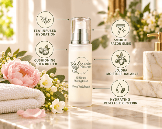 A frosted white bottle of 'tealicious SKINCARE' Peony Tea & Freesia shaving cream stands on a marble countertop, surrounded by pink flowers, a folded towel, and decorative soap dispensers. Text callouts on the right list product benefits: tea-infused hydration, smooth razor glide, cushioning shea butter, jojoba moisture balance, and hydrating vegetable glycerin.