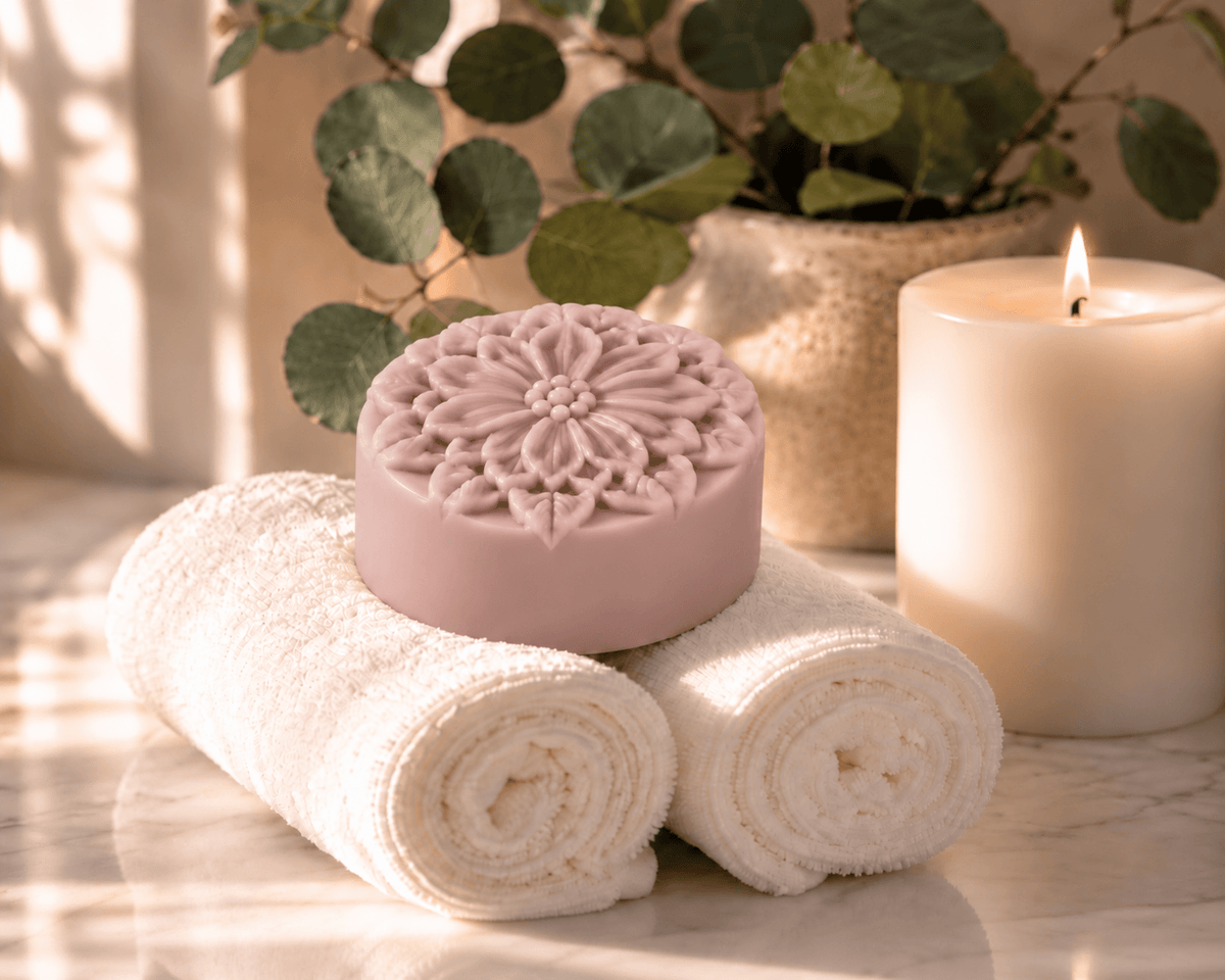 Soft mauve floral solid lotion bar resting on rolled white towels beside a lit candle and eucalyptus in warm natural light.