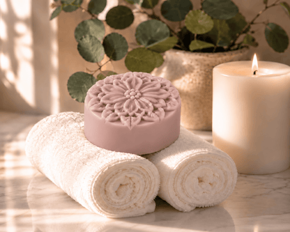 Soft mauve floral solid lotion bar resting on rolled white towels beside a lit candle and eucalyptus in warm natural light.