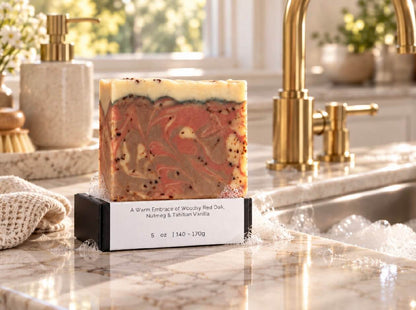 Tea-Licious Red Oak, Nutmeg & Tahitian Vanilla Soap displayed with bubbles beside a marble sink and warm brass fixtures.