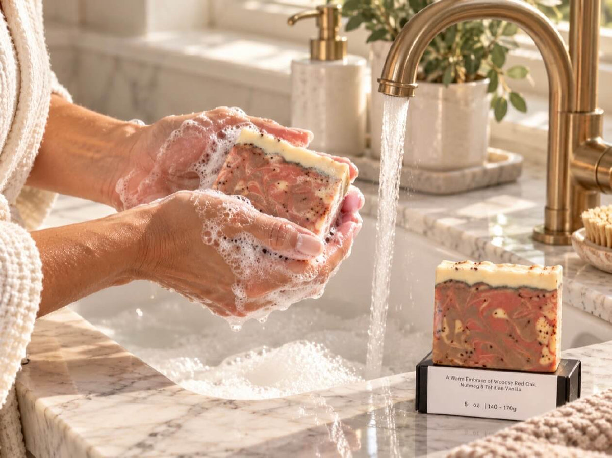 Woman washing her hands with Tea-Licious Red Oak, Nutmeg & Tahitian Vanilla Soap at a marble sink with warm brass fixtures.