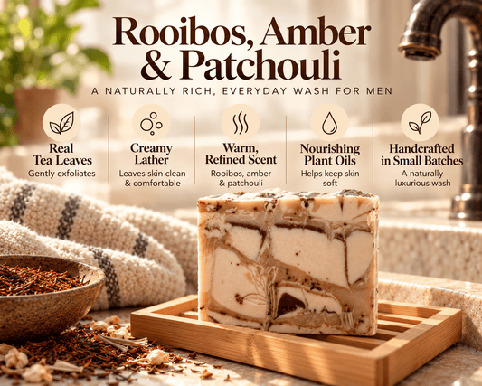 Five benefits of Rooibos, Amber & Patchouli soap including real tea leaves, creamy lather and gentle exfoliation.