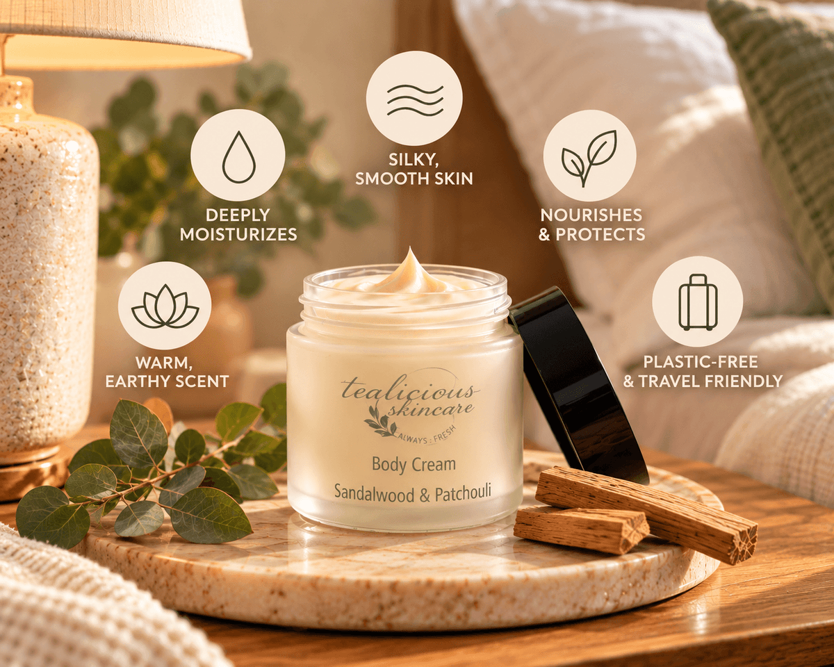     Sandalwood & Patchouli Body Cream with five benefits including deep moisture, smooth skin and a warm earthy scent.