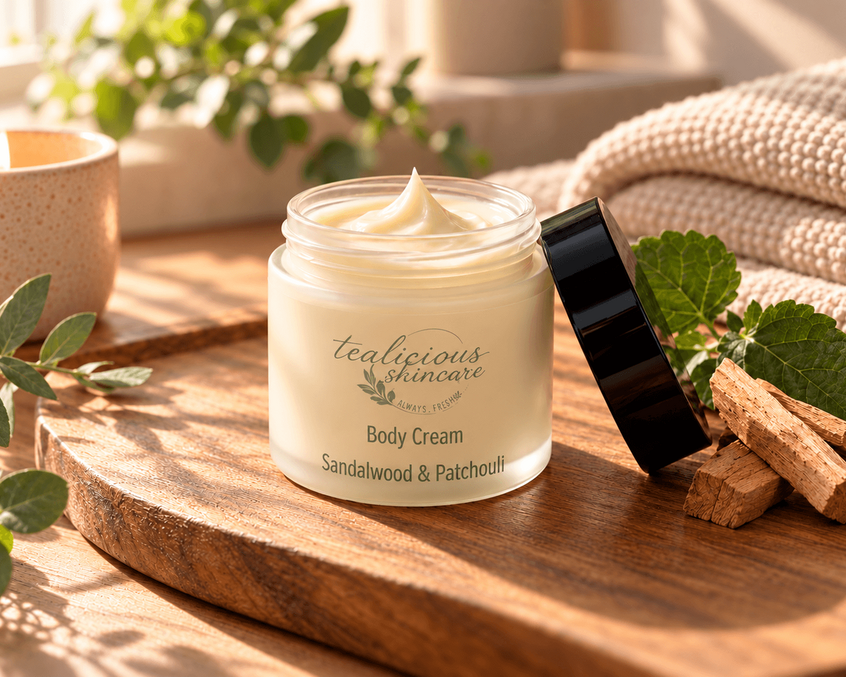 Open jar of Tea-Licious Sandalwood & Patchouli Body Cream styled with sandalwood, greenery and soft natural window light.