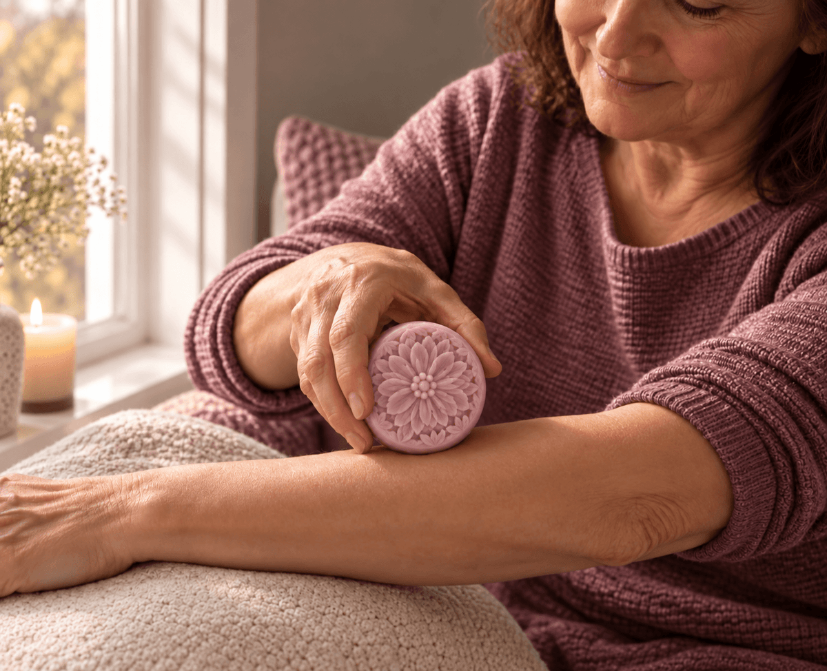 Woman applying a soft mauve floral solid lotion bar to her forearm in warm natural window light.