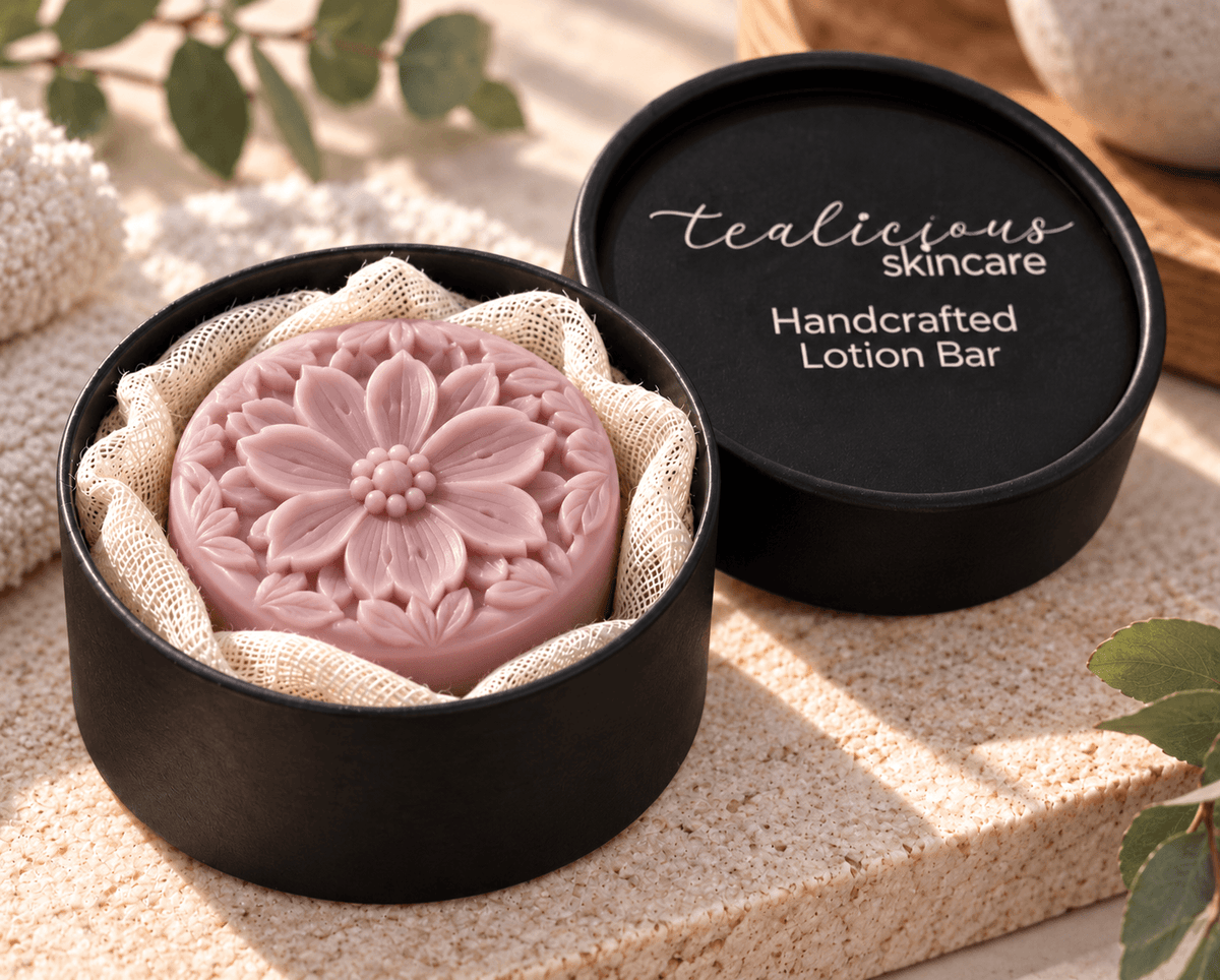 Soft mauve floral solid lotion bar displayed in a black Tea-Licious Skincare tin with cream fabric and warm natural light.