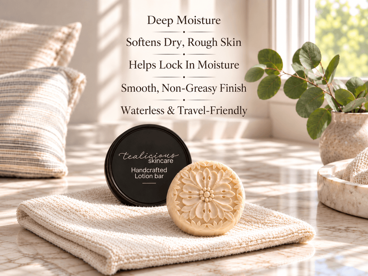 Tea-Licious Skincare solid lotion bar with floral embossing and black tin in bright window light, with five benefits highlighting deep moisture, softer dry skin, moisture retention, a smooth non-greasy finish, and waterless travel-friendly care.