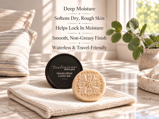 Tea-Licious Skincare solid lotion bar with floral embossing and black tin in bright window light, with five benefits highlighting deep moisture, softer dry skin, moisture retention, a smooth non-greasy finish, and waterless travel-friendly care.