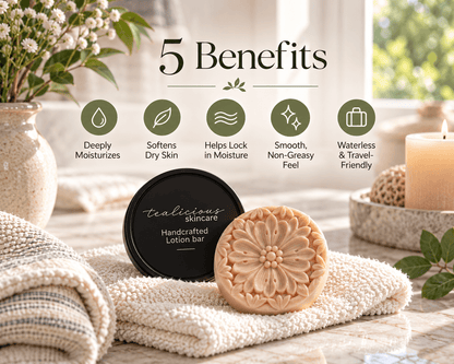 Tea-Licious Skincare solid lotion bar with floral embossing beside a black tin, with five benefits highlighting deep moisture, softer dry skin, moisture retention, a smooth non-greasy feel, and waterless travel-friendly care