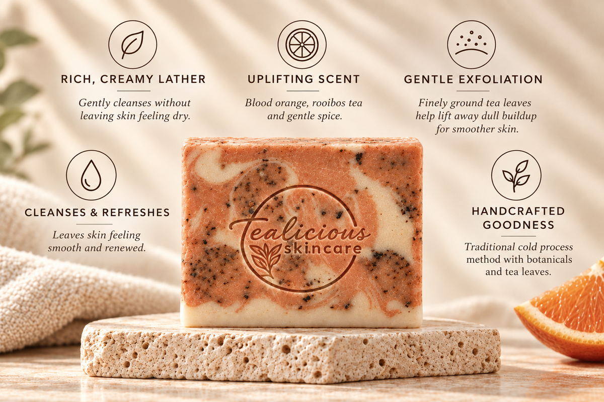 Tea-licious Spiced Orange Tea Soap Bar with creamy lather, gentle exfoliation, uplifting citrus scent and handcrafted cold-process benefits.