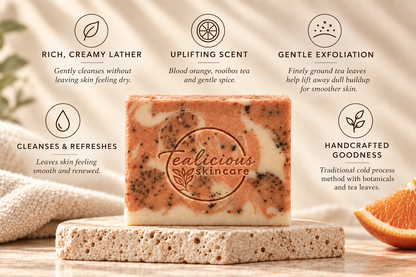 Tea-licious Spiced Orange Tea Soap Bar with creamy lather, gentle exfoliation, uplifting citrus scent and handcrafted cold-process benefits.