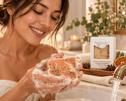 Woman lathering Tea-licious Spiced Orange Tea Soap Bar in a warm bathroom setting with the product box nearby.