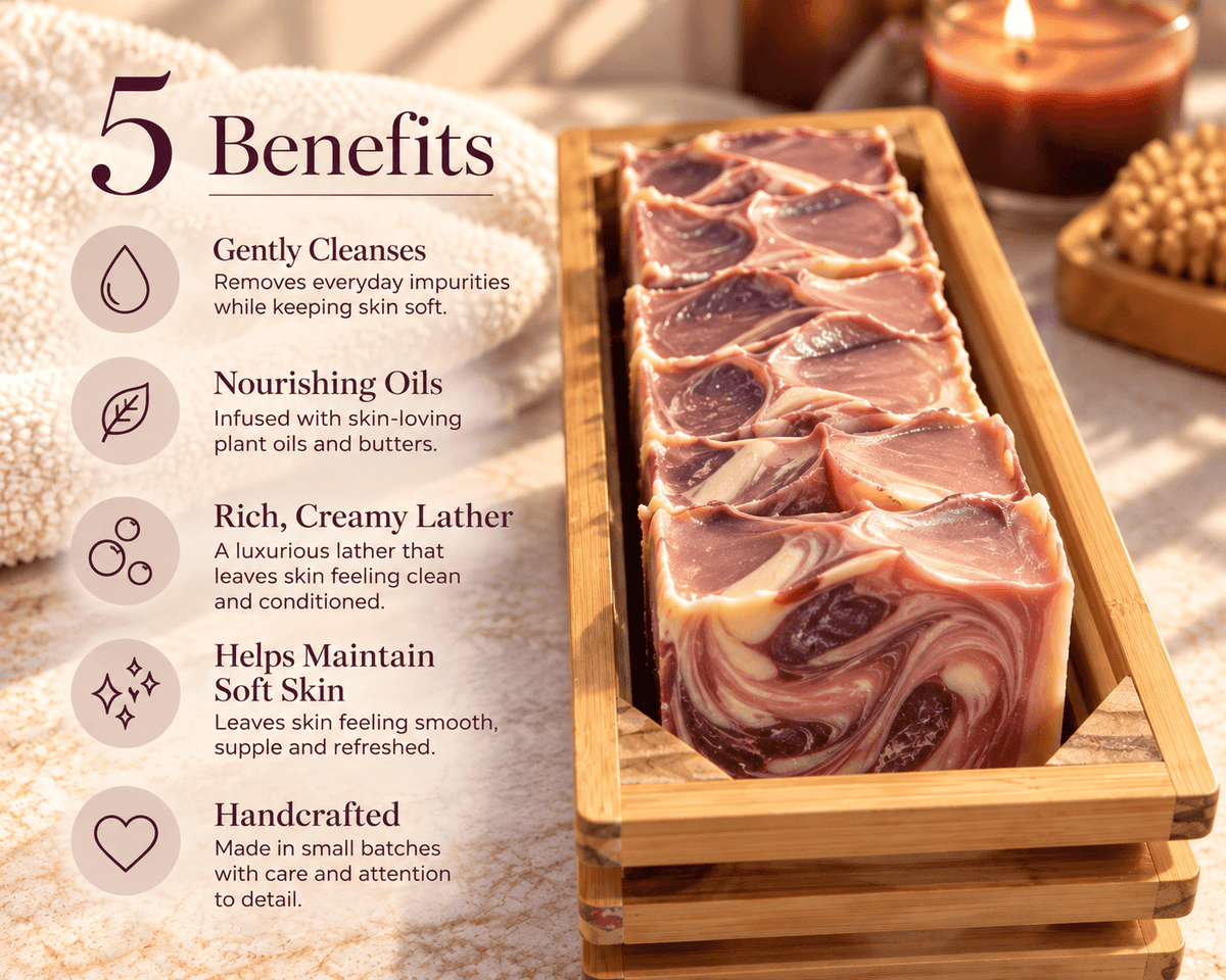 Spiced Plum Tea luxury soap bar with rich plum and cream swirls, displayed on a bamboo soap dish beside its Tea-Licious Skincare box with warm spices and soft natural light.