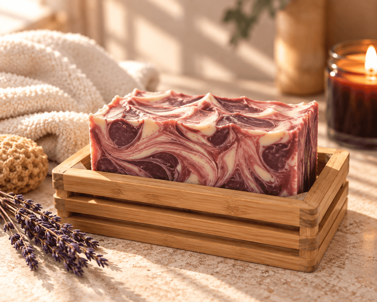 Spiced Plum Tea handcrafted soap bar with deep plum, rose and cream swirls, displayed in a bamboo soap tray with soft towels, lavender and warm candlelight.