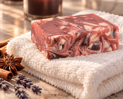 Spiced Plum Tea handcrafted soap bar with plum, rose and cream swirls, resting on a soft white towel with lavender, cinnamon and warm candlelight.
