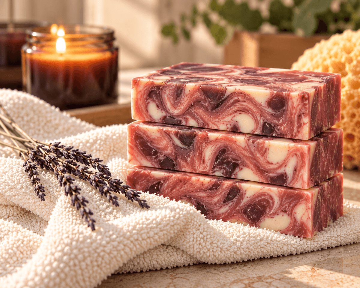 Three Spiced Plum Tea handcrafted soap bars with plum, rose and cream marbling, stacked on a soft towel with lavender and warm candlelight.