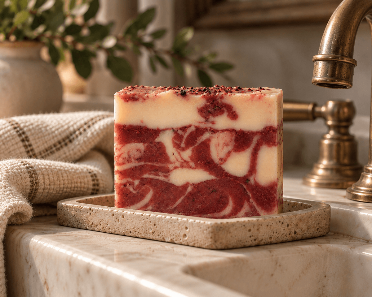 Handcrafted Sweet Berries & Citrus Tea Soap Bar displayed with dried berry botanicals and soft neutral linens.