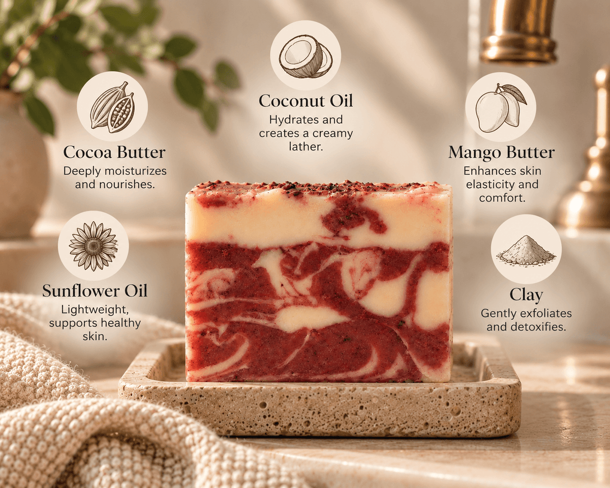  Sweet Berries & Citrus Tea Soap with five featured ingredients: coconut oil, cocoa butter, mango butter, sunflower oil and clay.