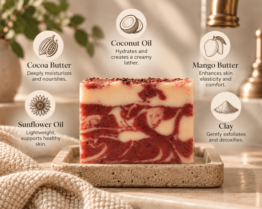  Sweet Berries & Citrus Tea Soap with five featured ingredients: coconut oil, cocoa butter, mango butter, sunflower oil and clay.