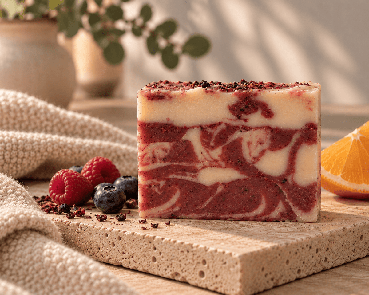 Tea-Licious Sweet Berries & Citrus Tea Soap Bar styled on natural stone with berries and citrus in soft warm light.