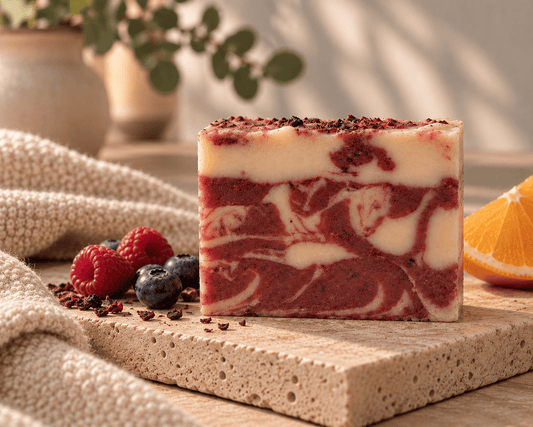 Tea-Licious Sweet Berries & Citrus Tea Soap Bar styled on natural stone with berries and citrus in soft warm light.