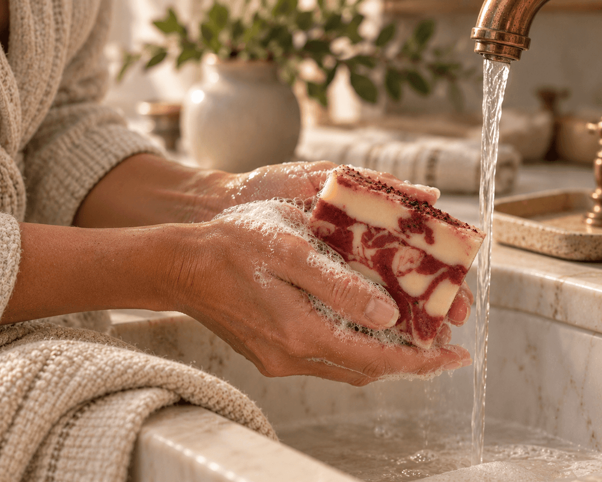     Woman washing her hands with Sweet Berries & Citrus Tea Soap, creating a creamy lather at a stone sink.