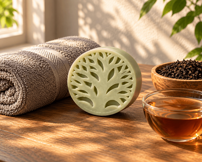 Pale green carved solid lotion bar beside a rolled towel, loose black tea leaves, and a glass cup of tea on a warm wooden surface in soft natural light.