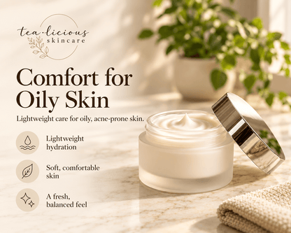 Open jar of Tea-licious African Kigelia moisture infusion with text highlighting lightweight hydration, soft, comfortable skin and a fresh, balanced feel for oily skin.