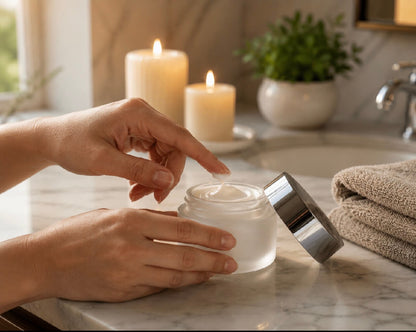 Open jar of Tea-licious face cream with text highlighting texture soft, and fresh balanced feel for oily skin.