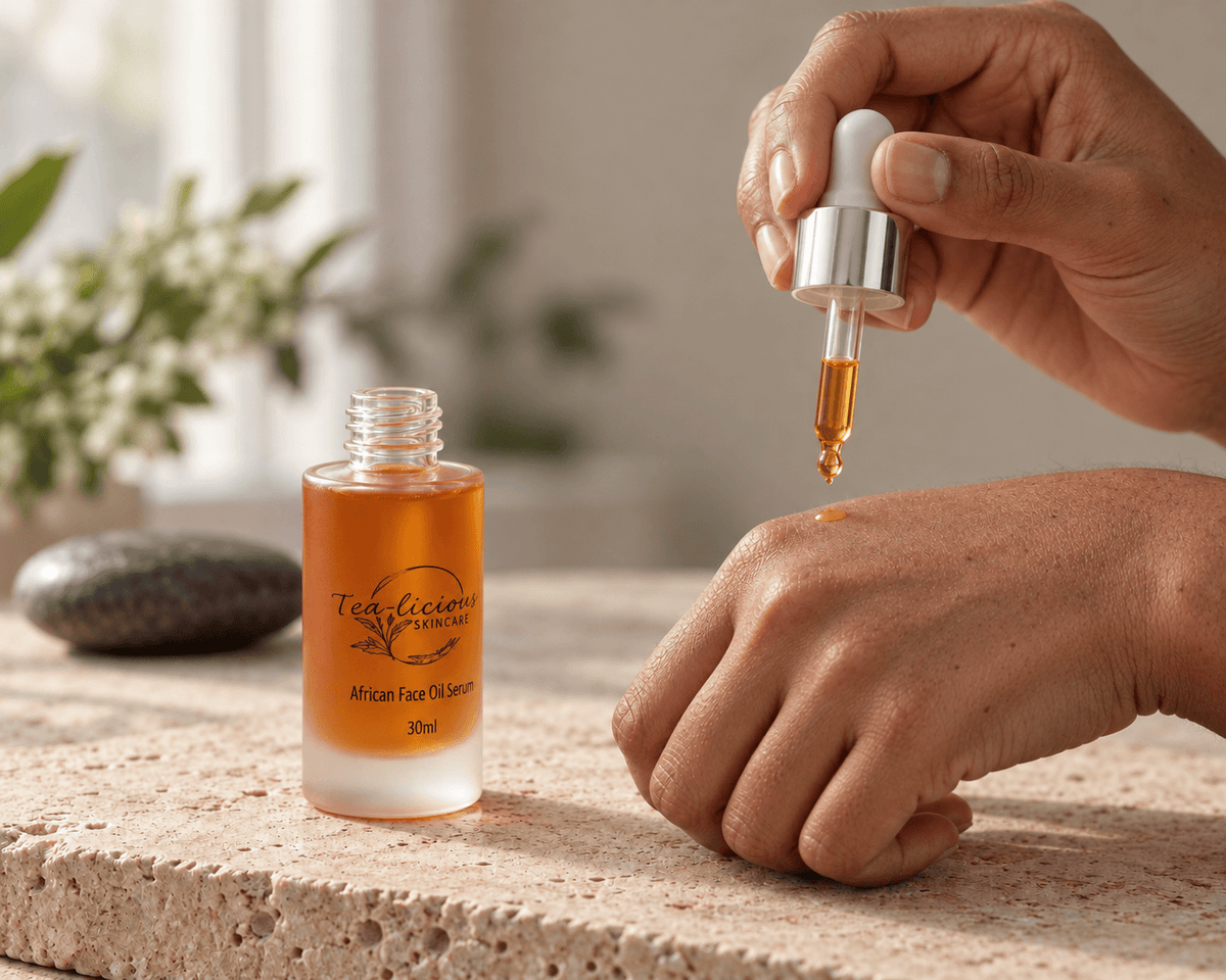 Dropper dispensing amber face oil onto the back of a hand beside Tea-licious African Face Oil Serum on a stone vanity.