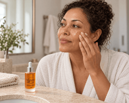 Woman gently pressing face oil onto her cheek, with Tea-licious African Face Oil Serum on the bathroom vanity beside her.
