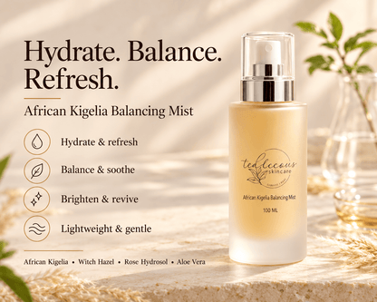 Tea-licious African Kigelia Balancing Mist in warm golden light, with text highlighting hydration, soothing care, radiance and a lightweight feel.
