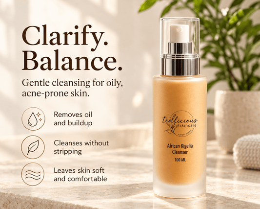 
Alt text: Tea-licious African Kigelia Cleanser with text highlighting oil and buildup removal, cleansing without stripping, and soft, comfortable skin.
