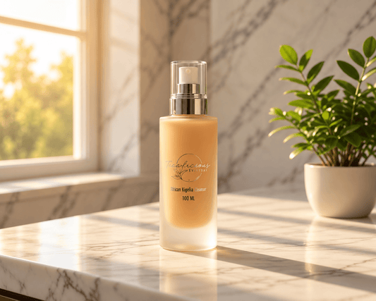 Tea-licious African Kigelia Cleanser in a frosted 100 ml bottle on a marble bathroom vanity beside a green plant, illuminated by warm window light.
