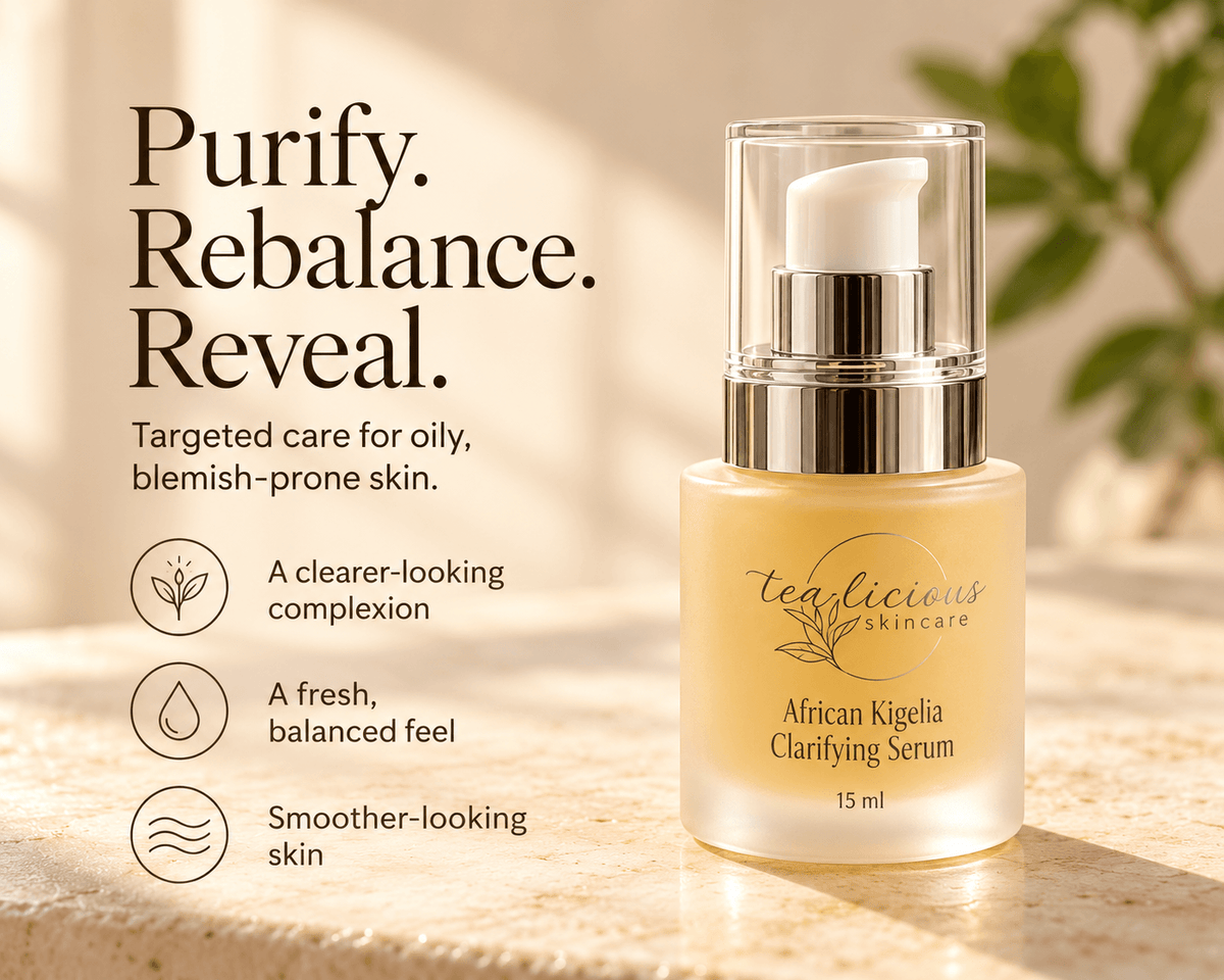 Tea-licious African Kigelia facial mist, cleanser, clarifying serum and open cream jar arranged on a stone vanity in warm golden light.