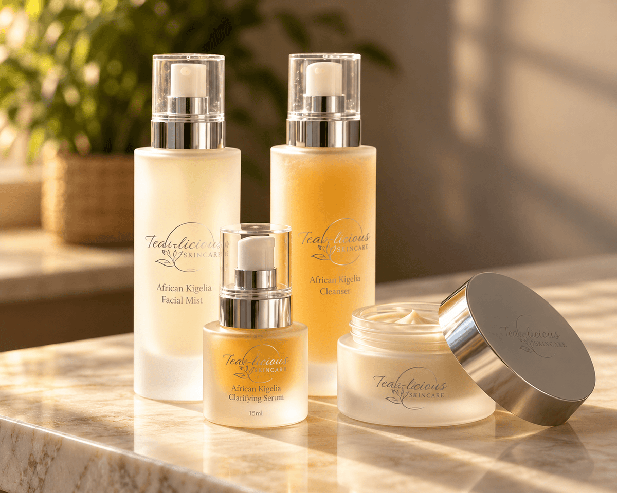 Tea-licious African Kigelia facial mist, cleanser, clarifying serum and open face cream jar on a stone vanity in warm golden light.