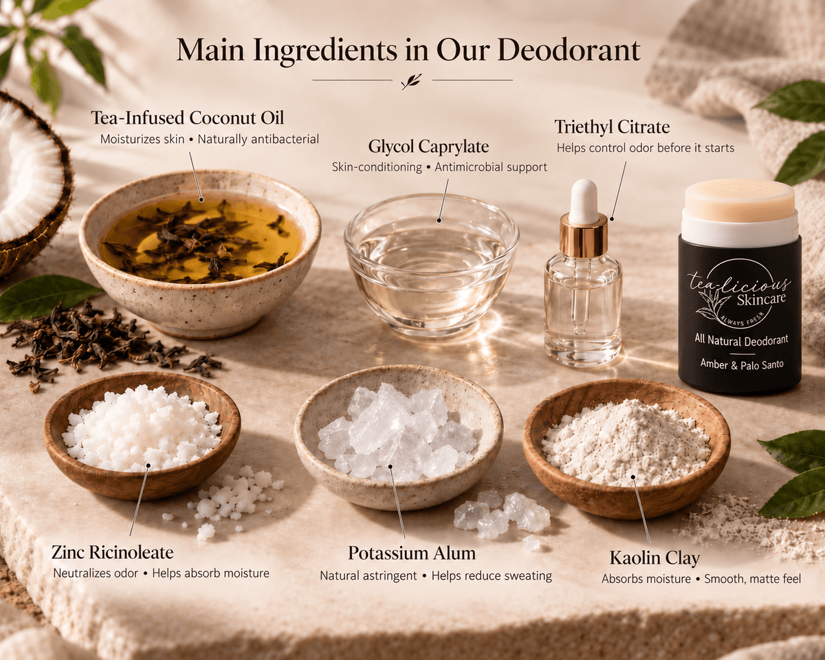 Tea-Licious baking-soda-free deodorant with tea-infused coconut oil, kaolin clay and odor-control ingredients.