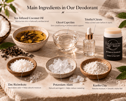 Tea-Licious baking-soda-free deodorant with tea-infused coconut oil, kaolin clay and odor-control ingredients.
