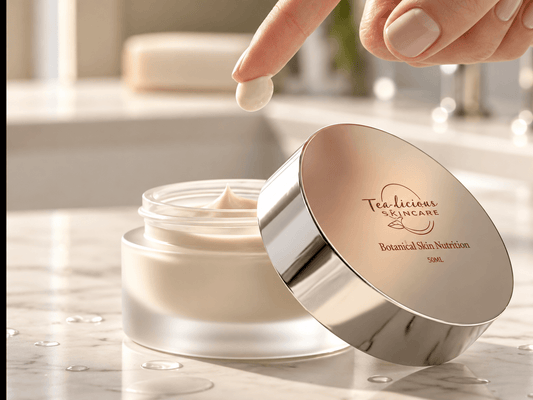 Tea-Licious baobab Skin moisture  in an open frosted jar with silver lid as a fingertip lifts a small amount of moisturizer.