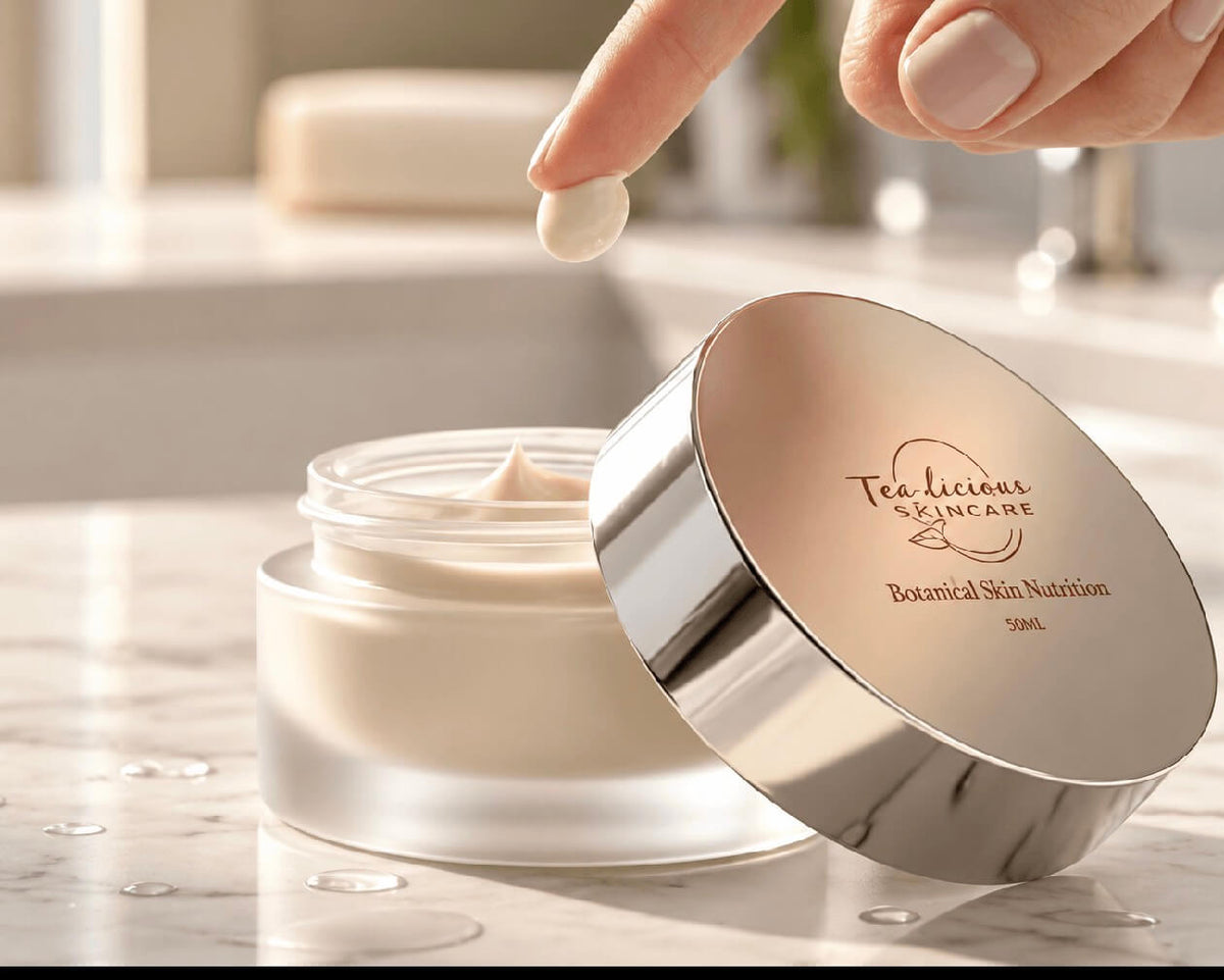 Tea-Licious baobab Skin moisture  in an open frosted jar with silver lid as a fingertip lifts a small amount of moisturizer.